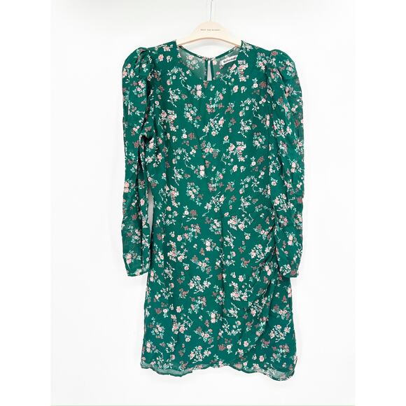 Reformation Juni Green Gathered Floral Print Crepe Long Sleeve Mini Dress Size 8 - Picture 3 of 5